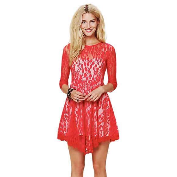 Free People Cherry Red Floral Mesh Lace 3/4 Sleeve Mini Bodycon Dress Size 0 - Picture 2 of 12